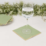 Sage Green Soft 2 Ply Disposable Cocktail Napkins with Gold Foil Edge